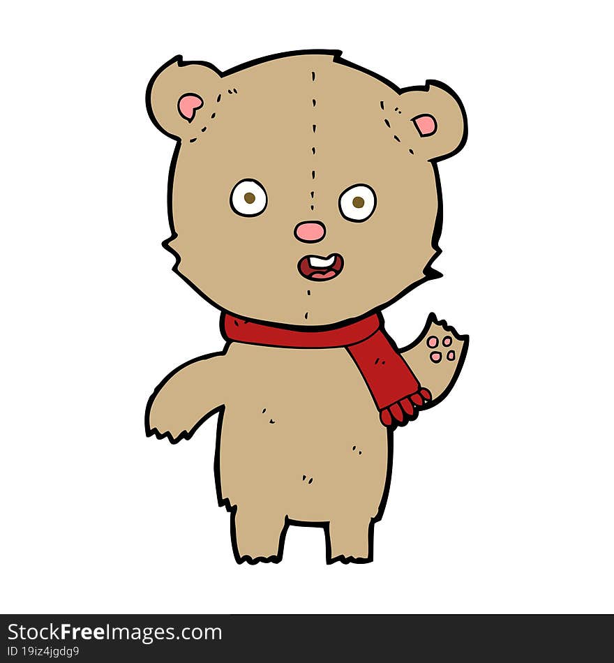 cartoon waving teddy bear with scarf