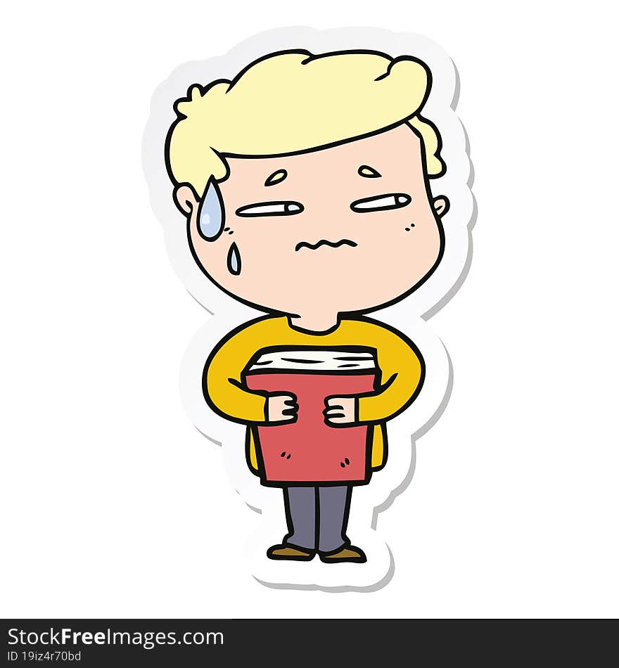 sticker of a cartoon anxious boy carrying book