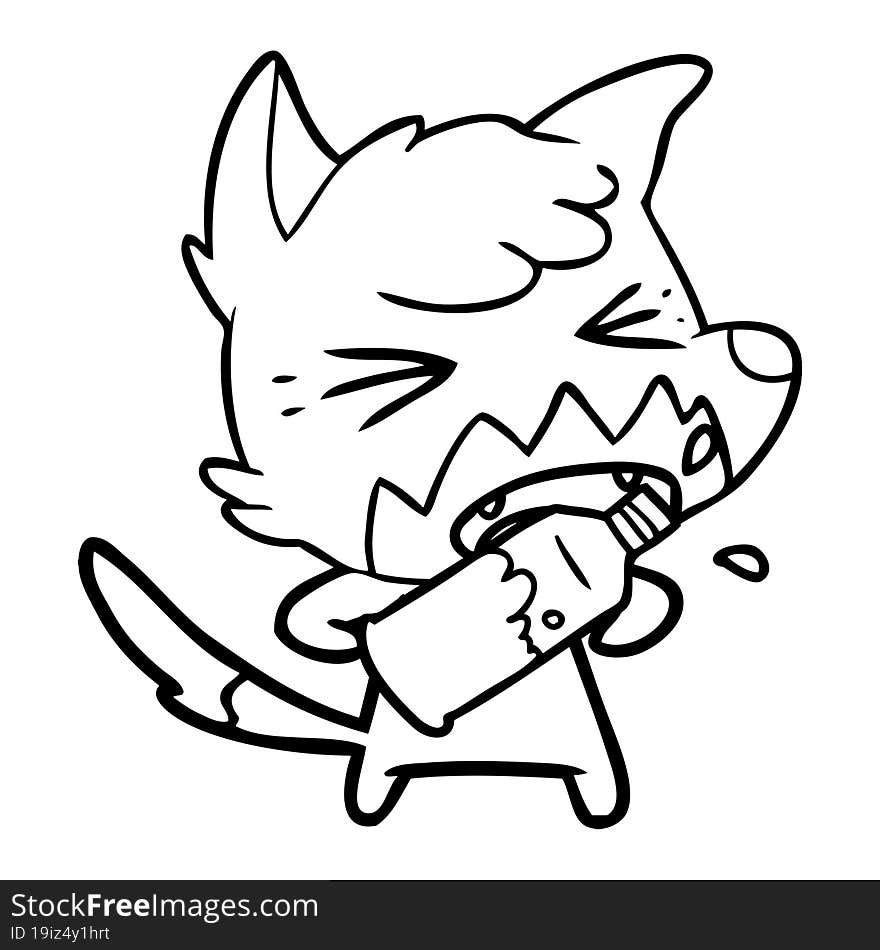 angry cartoon fox opening water bottle. angry cartoon fox opening water bottle