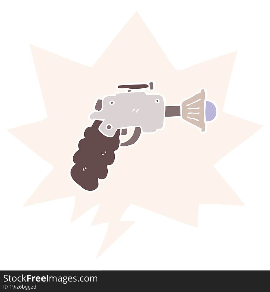 cartoon ray gun and speech bubble in retro style