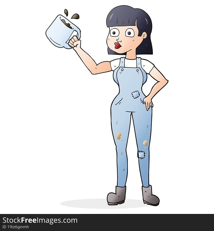 freehand drawn cartoon female worker with coffee mug