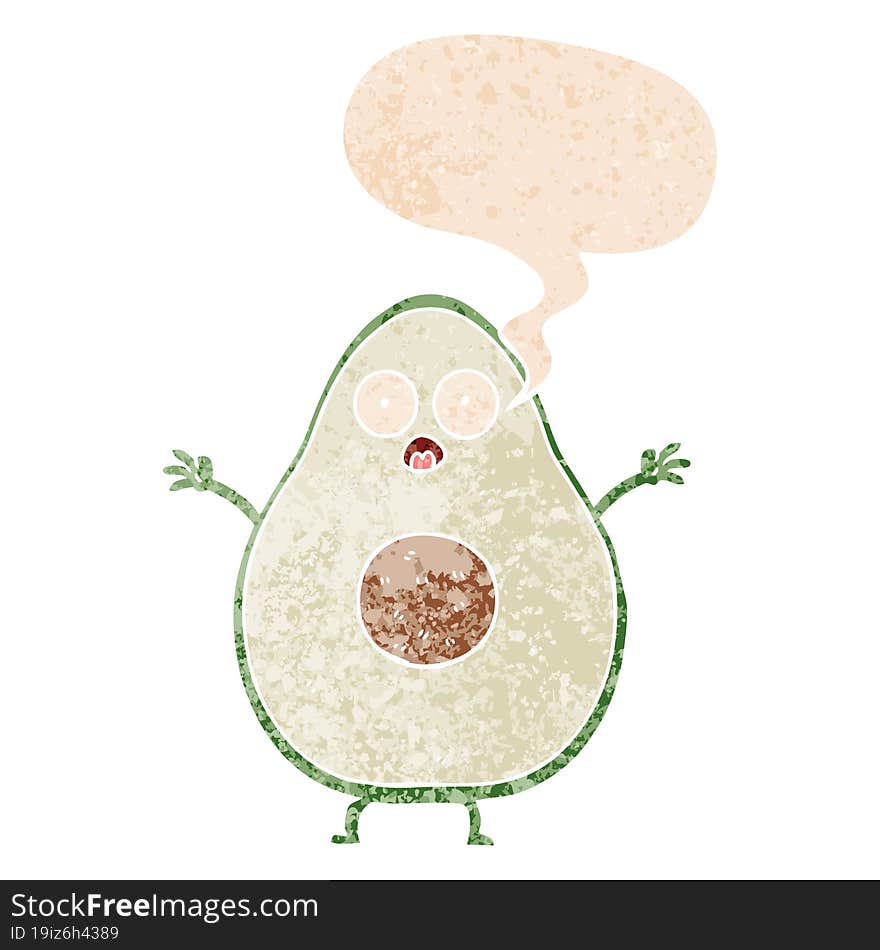 cartoon avocado and speech bubble in retro textured style