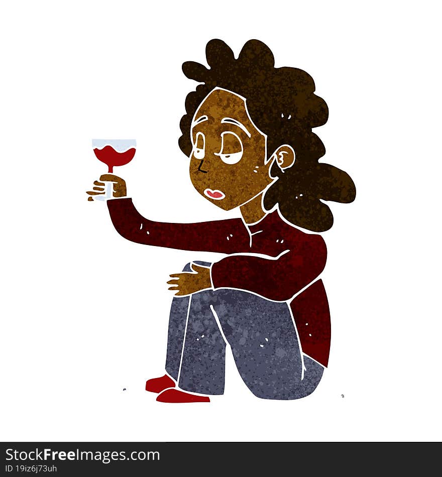 cartoon unhappy woman with glass of wine