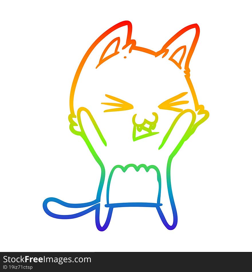 rainbow gradient line drawing of a cartoon cat hissing