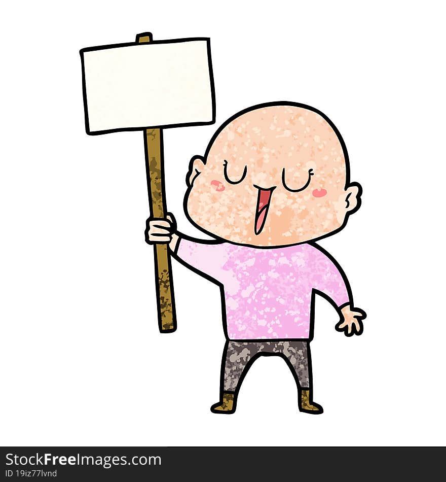 happy cartoon bald man with sign. happy cartoon bald man with sign