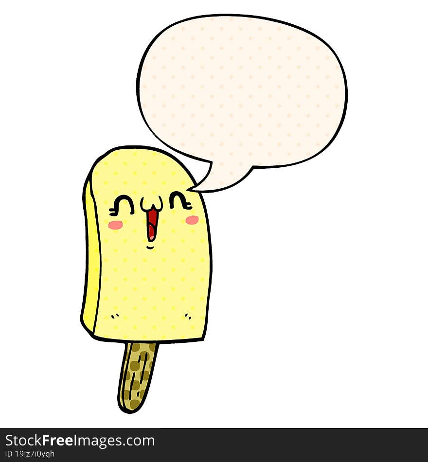 cartoon frozen ice lolly with speech bubble in comic book style