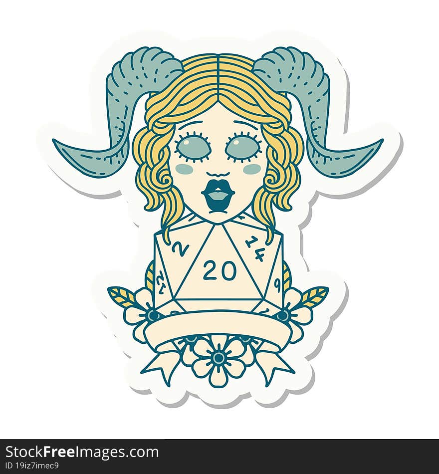 sticker of a tiefling with natural twenty dice roll. sticker of a tiefling with natural twenty dice roll