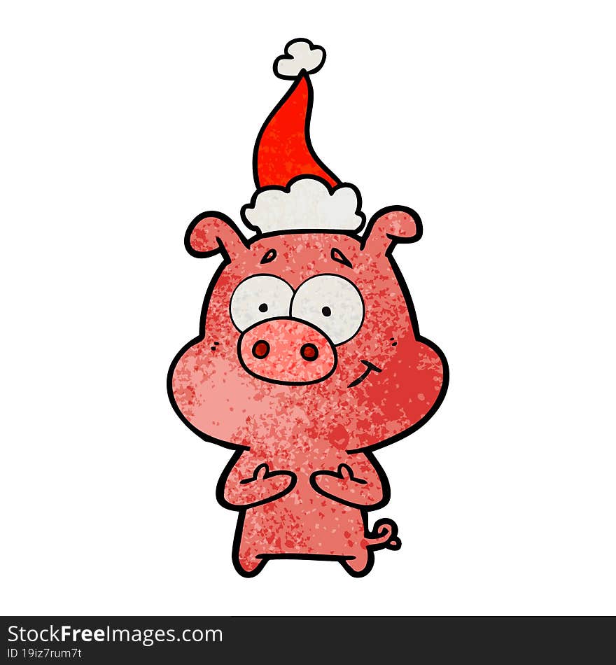 happy textured cartoon of a pig wearing santa hat