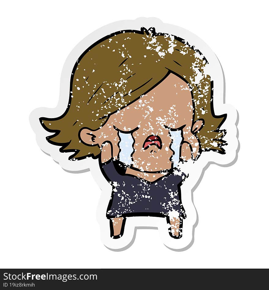 distressed sticker of a cartoon girl crying