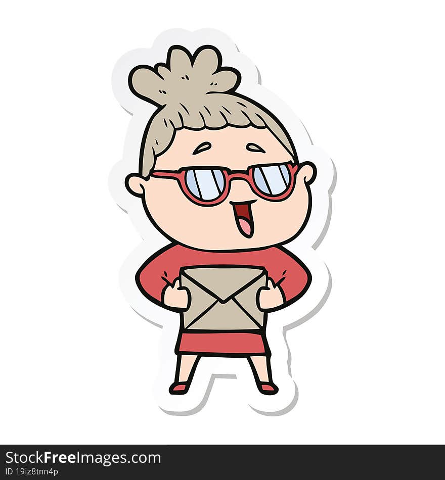 sticker of a cartoon happy woman wearing spectacles