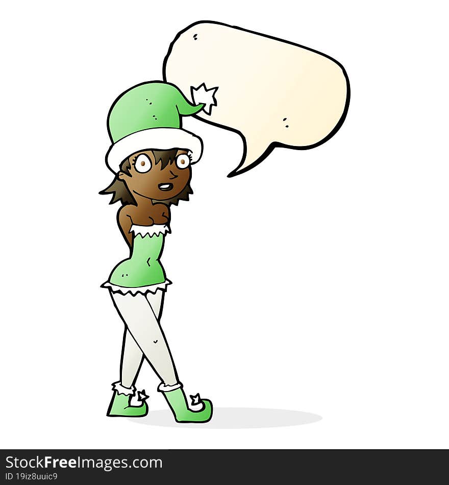 cartoon woman in christmas elf costume with speech bubble