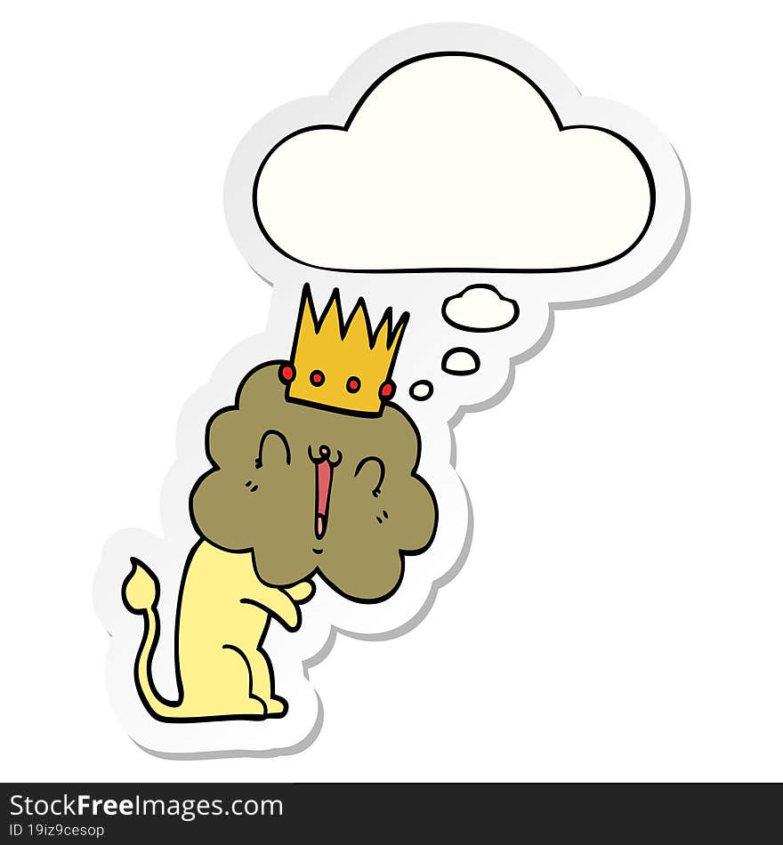 cartoon lion with crown and thought bubble as a printed sticker