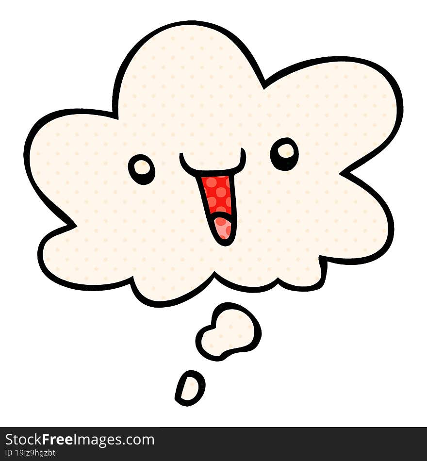 cute happy cartoon face with thought bubble in comic book style