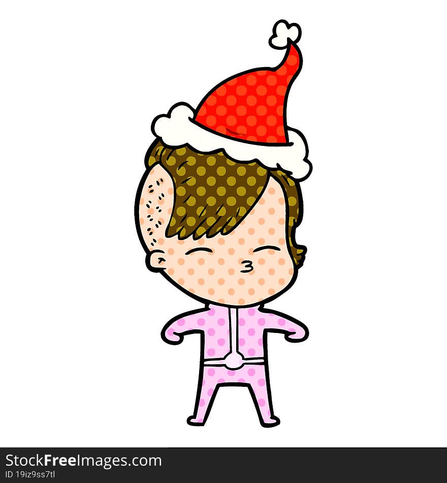 Comic Book Style Illustration Of A Girl Wearing Futuristic Clothes Wearing Santa Hat