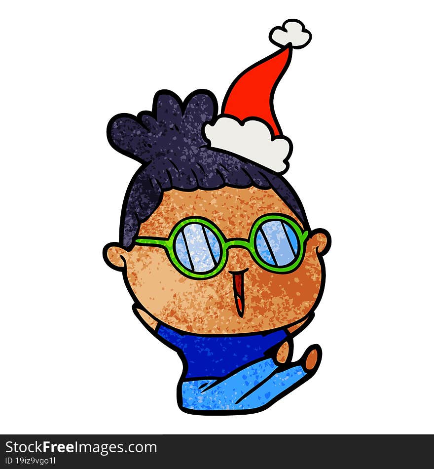 textured cartoon of a woman wearing spectacles wearing santa hat