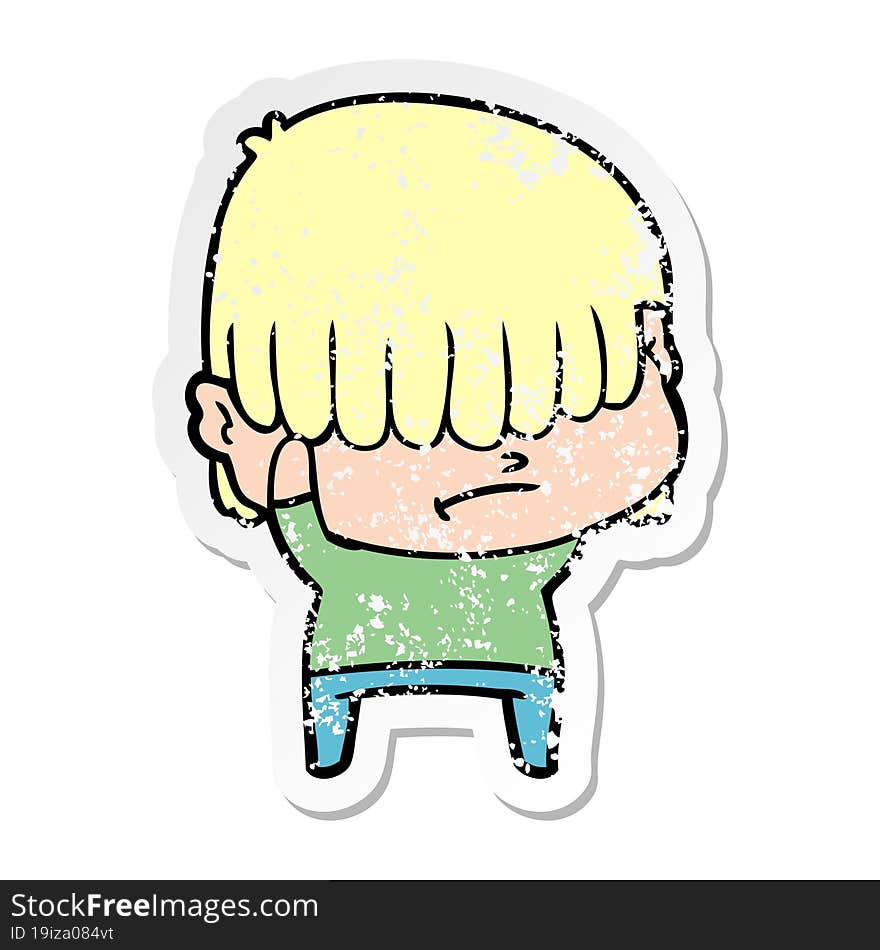 distressed sticker of a cartoon boy with untidy hair