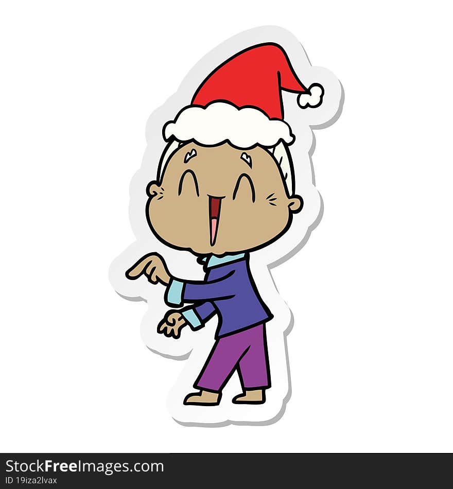 hand drawn sticker cartoon of a happy old lady wearing santa hat