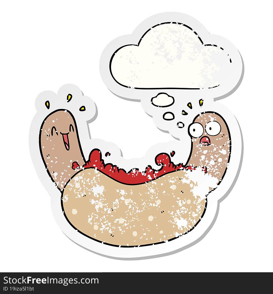 cartoon hotdog and thought bubble as a distressed worn sticker