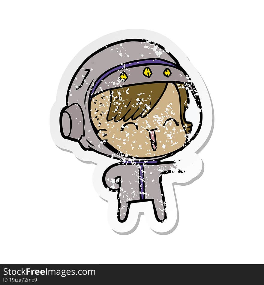 distressed sticker of a happy cartoon space girl