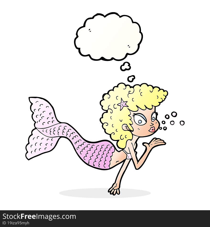 cartoon mermaid blowing kiss with thought bubble