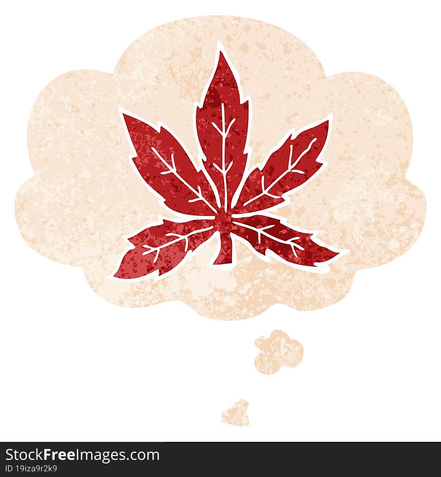 cartoon marijuana leaf and thought bubble in retro textured style