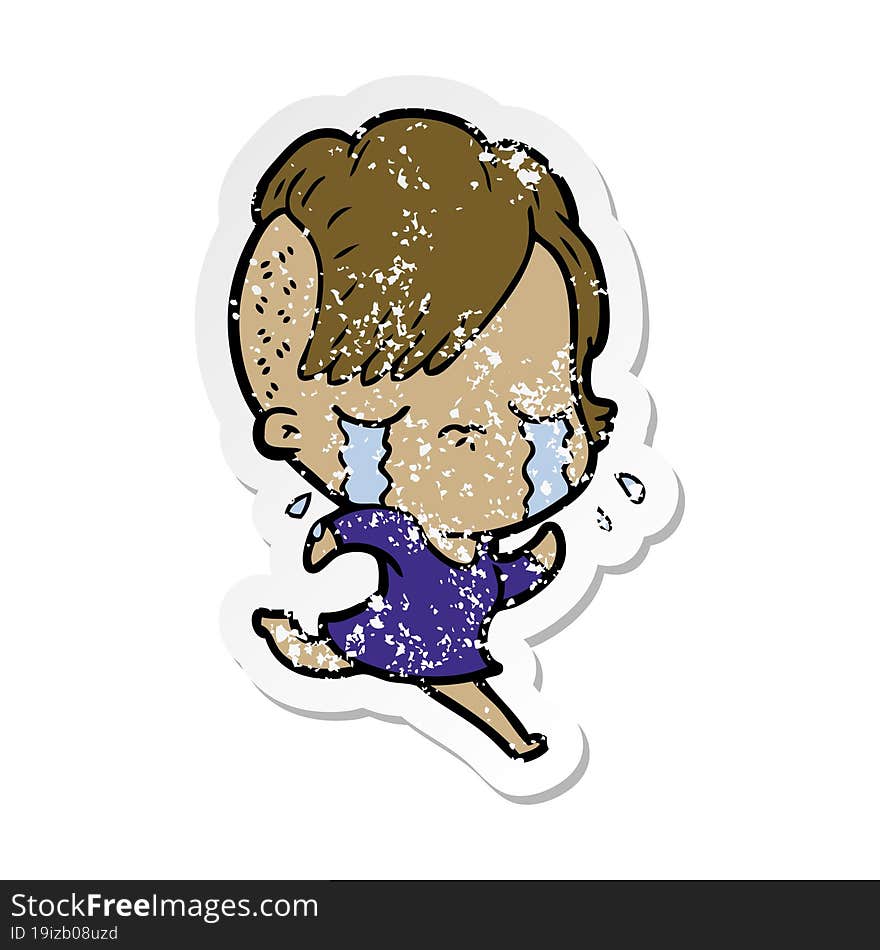 distressed sticker of a cartoon crying girl running away