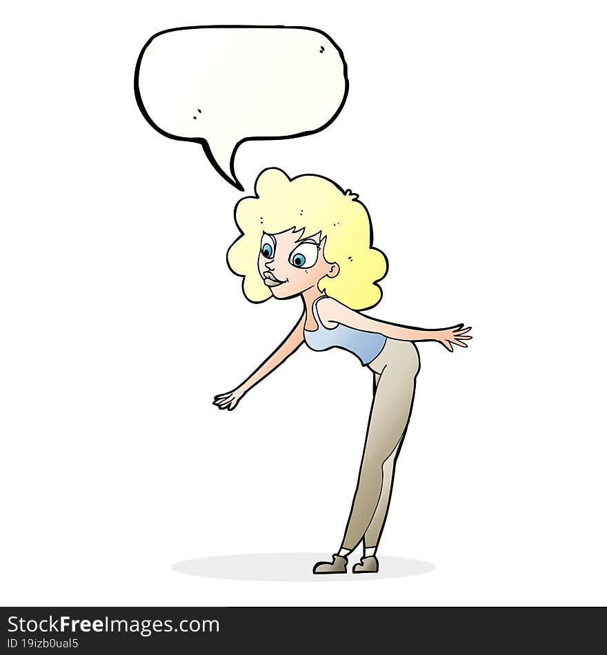 Cartoon Woman Reaching To Pick Something Up With Speech Bubble