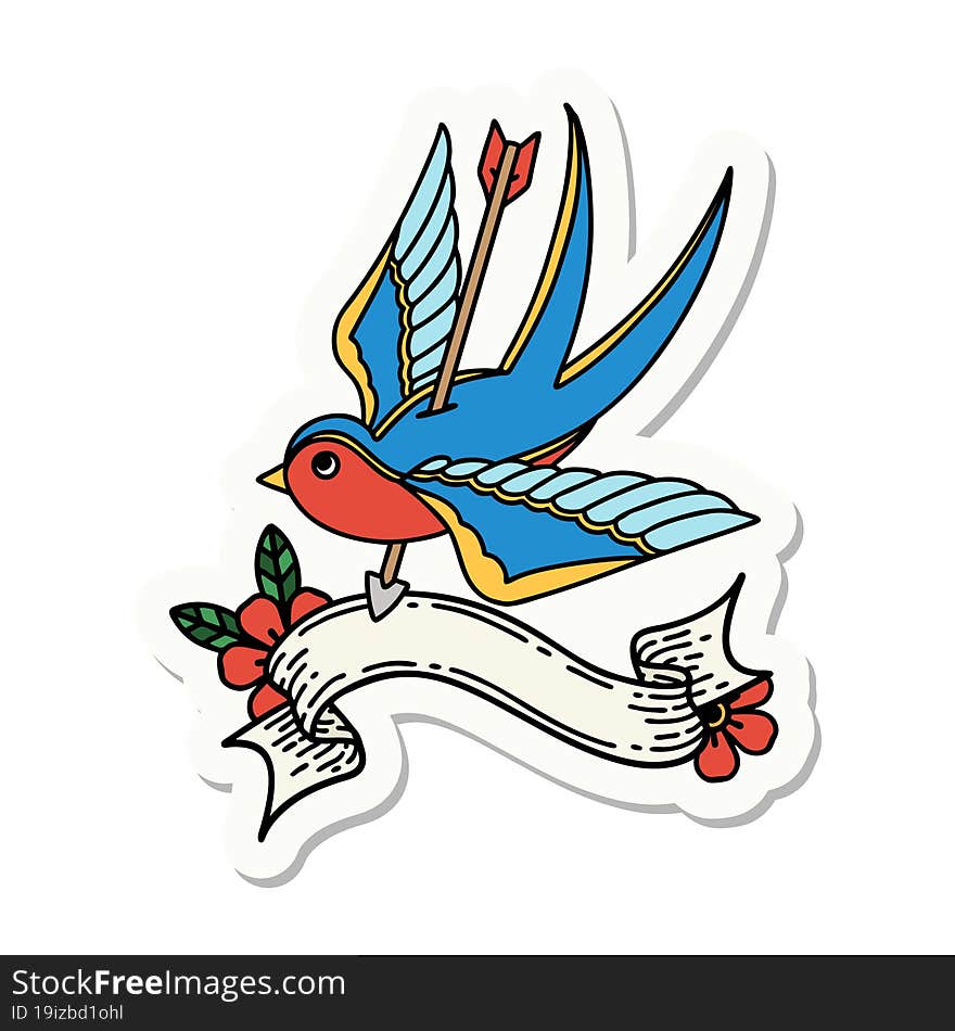 Tattoo Sticker With Banner Of A Swallow Pieced By Arrow