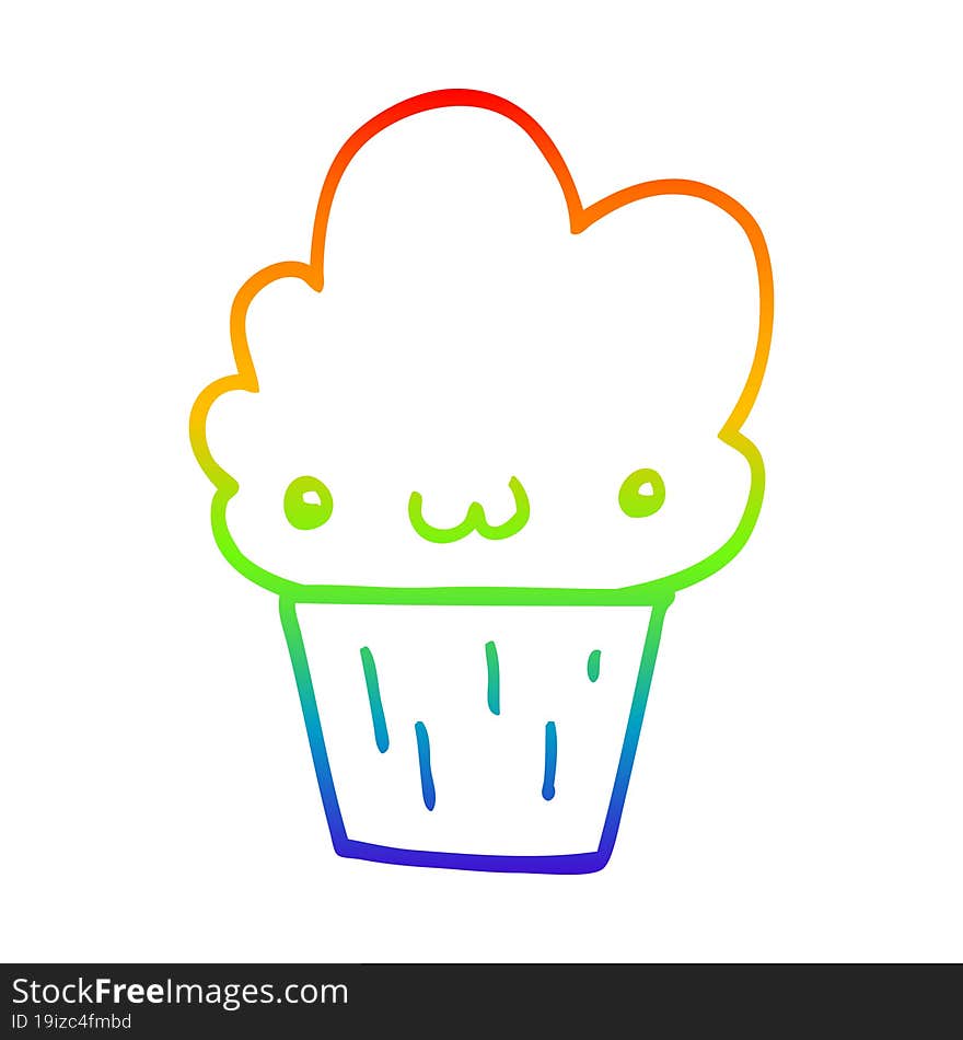 rainbow gradient line drawing cartoon cupcake with face