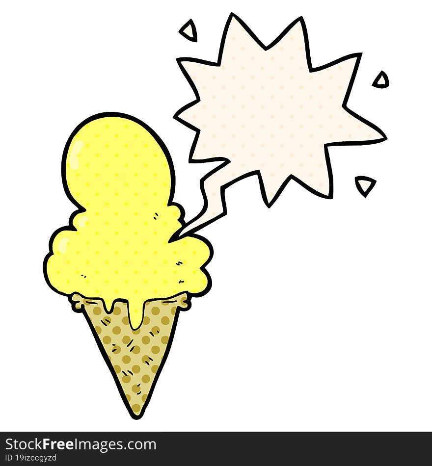 cartoon ice cream and speech bubble in comic book style