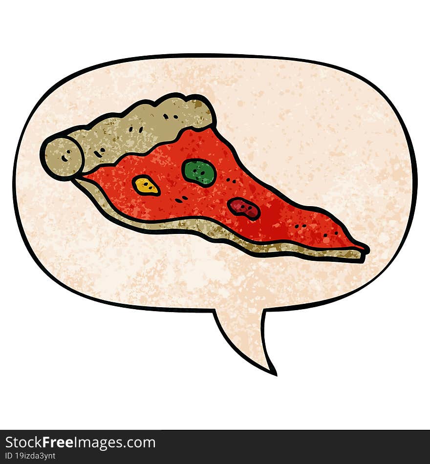 Cartoon Pizza And Speech Bubble In Retro Texture Style