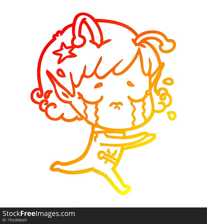 Warm Gradient Line Drawing Cartoon Crying Alien Girl