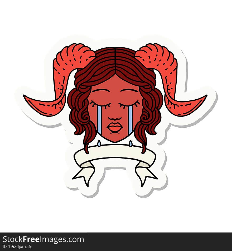 sticker of a crying tiefling character face with scroll banner. sticker of a crying tiefling character face with scroll banner