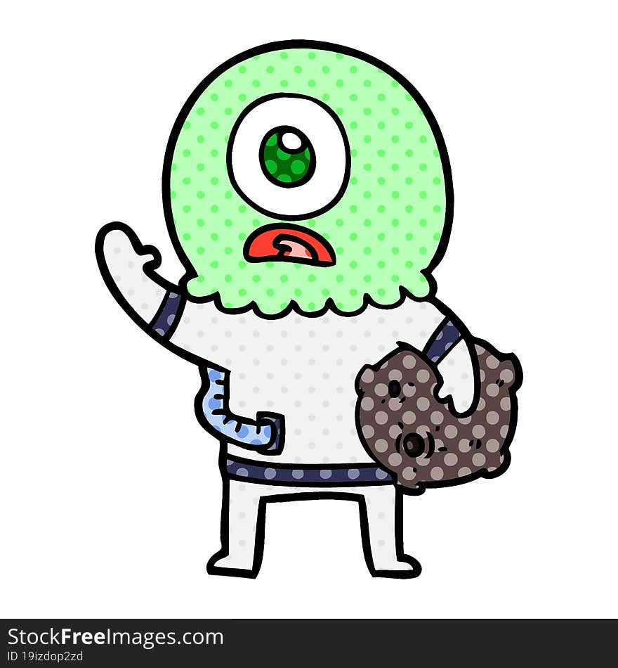 cartoon cyclops alien spaceman waving. cartoon cyclops alien spaceman waving