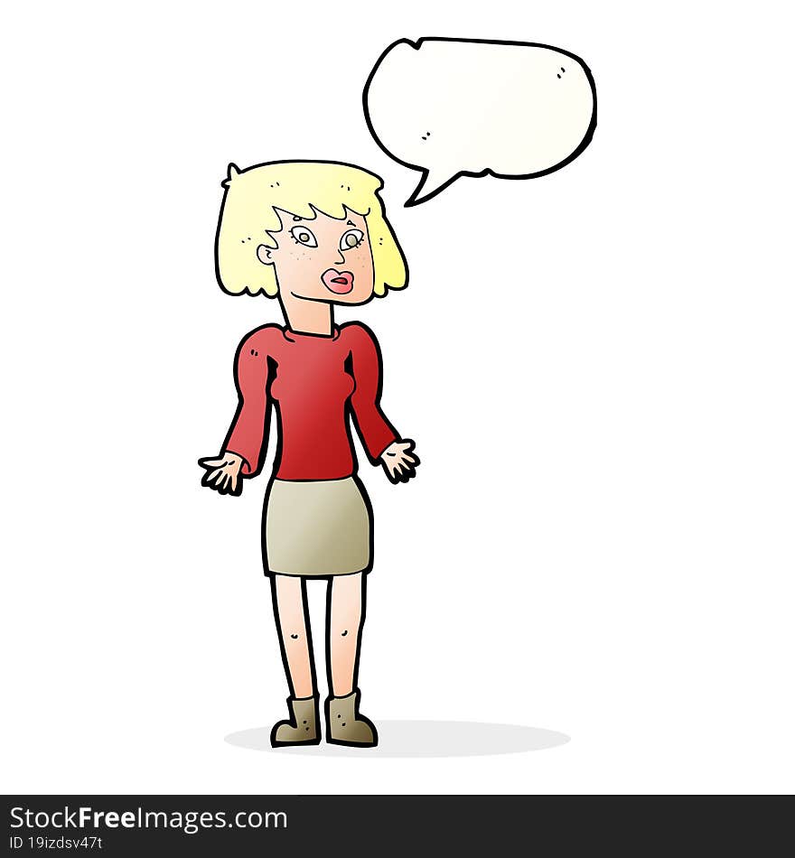 cartoon woman shrugging shoulders with speech bubble