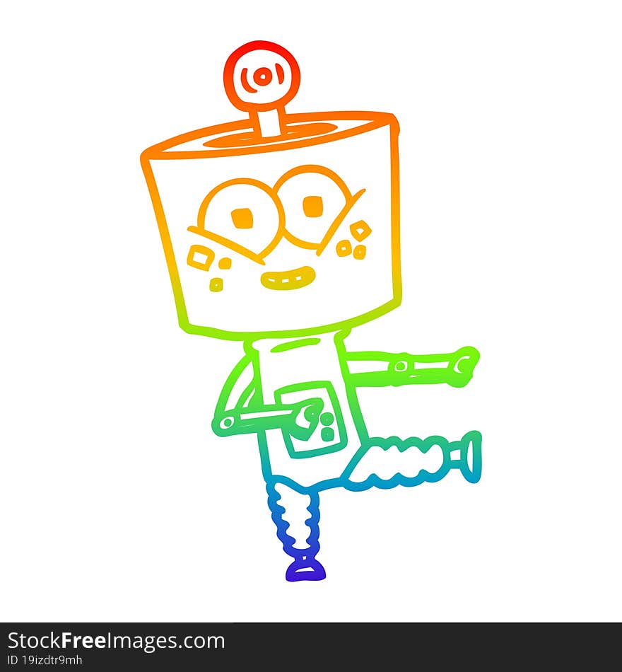 rainbow gradient line drawing of a happy cartoon robot dancing