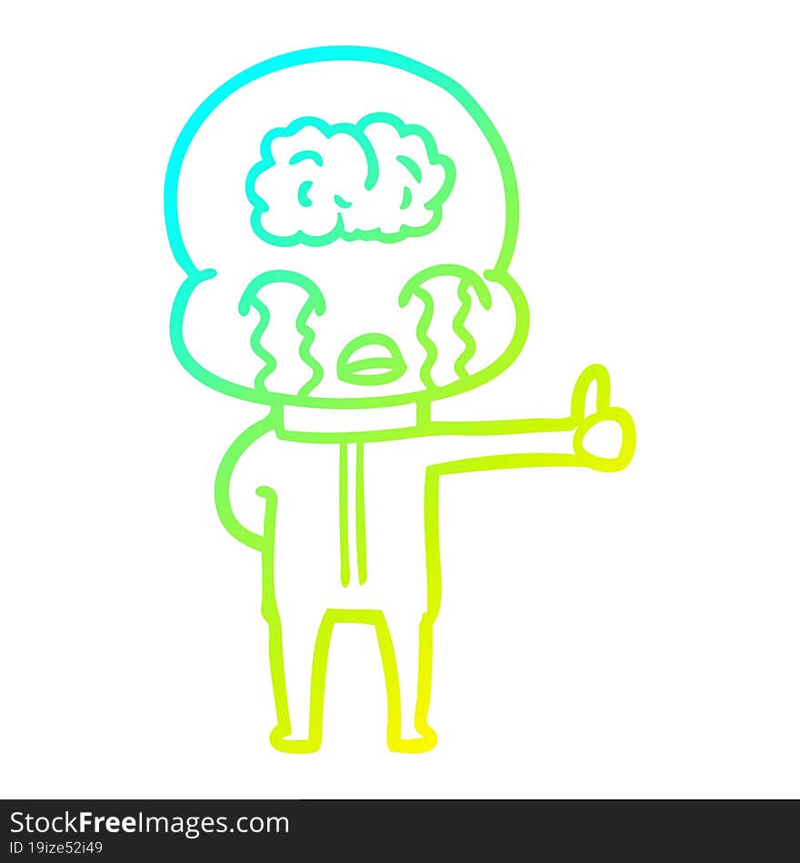 cold gradient line drawing cartoon big brain alien crying but giving thumbs up symbol