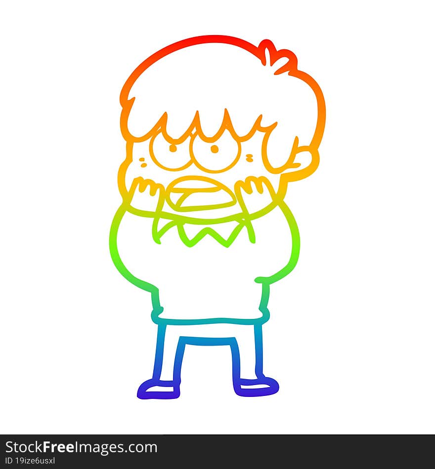 Rainbow Gradient Line Drawing Worried Cartoon Boy