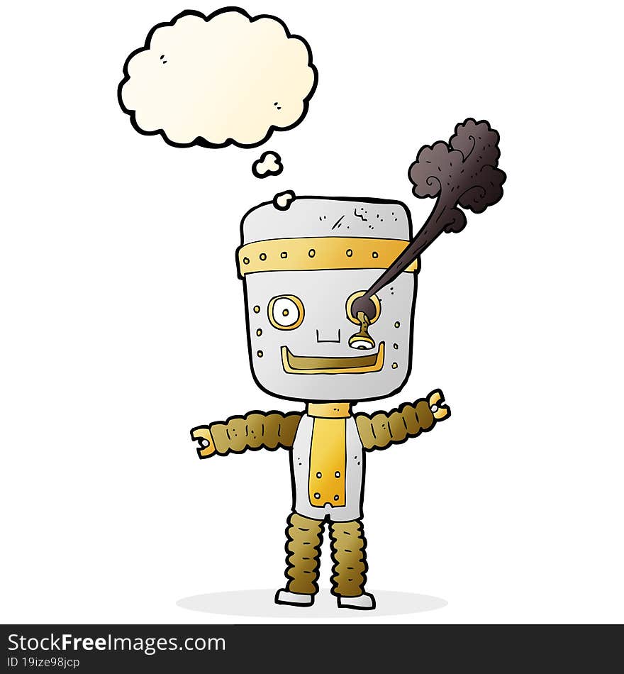 cartoon funny gold robot with thought bubble