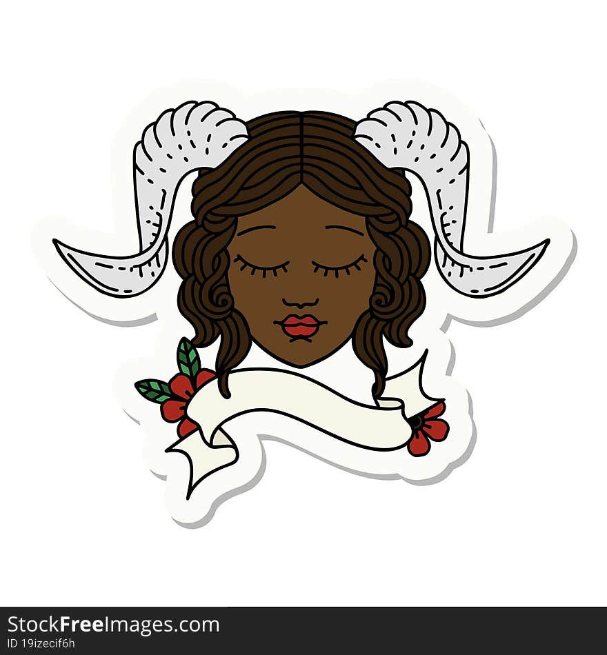 sticker of a tiefling character face with scroll banner. sticker of a tiefling character face with scroll banner