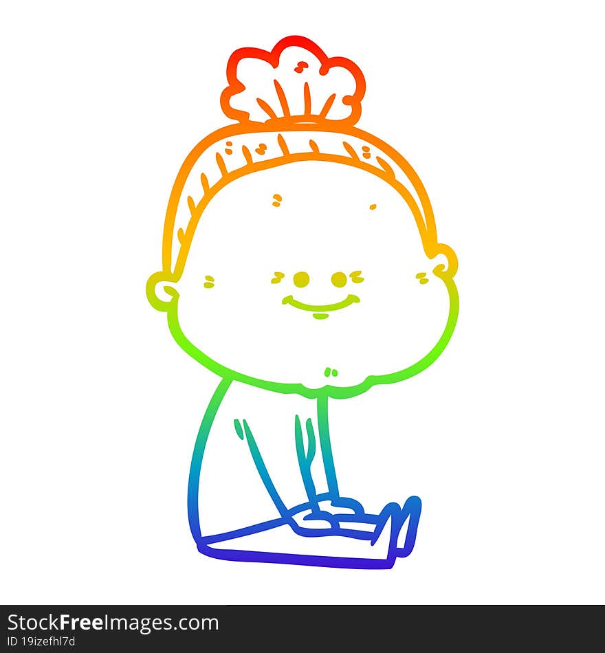 rainbow gradient line drawing of a cartoon happy old woman