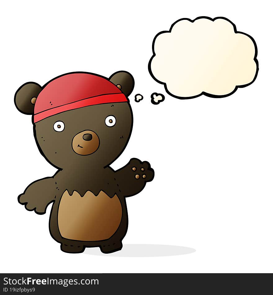 cartoon black bear wearing hat with thought bubble