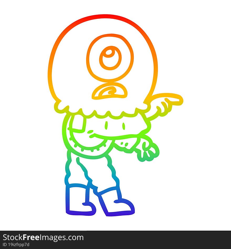 rainbow gradient line drawing of a cartoon cyclops alien spaceman pointing