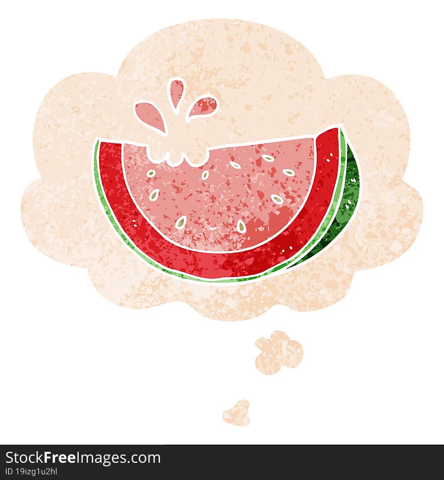 cartoon watermelon and thought bubble in retro textured style