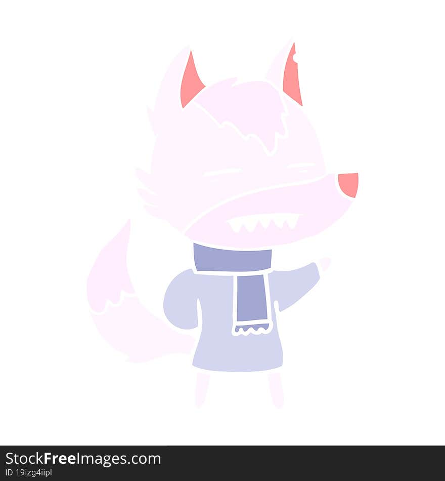 flat color style cartoon wolf in winter clothes