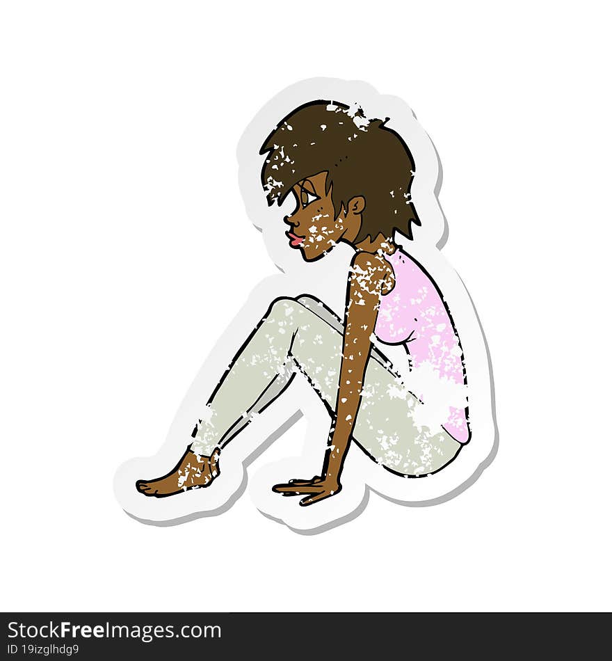 retro distressed sticker of a cartoon woman sitting