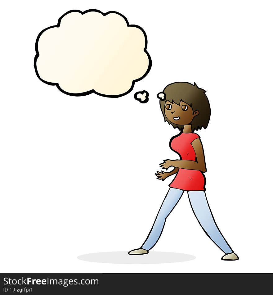 cartoon woman walking with thought bubble