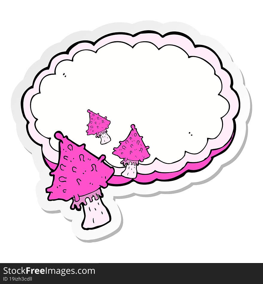 sticker of a cartoon mushrooms space text cloud