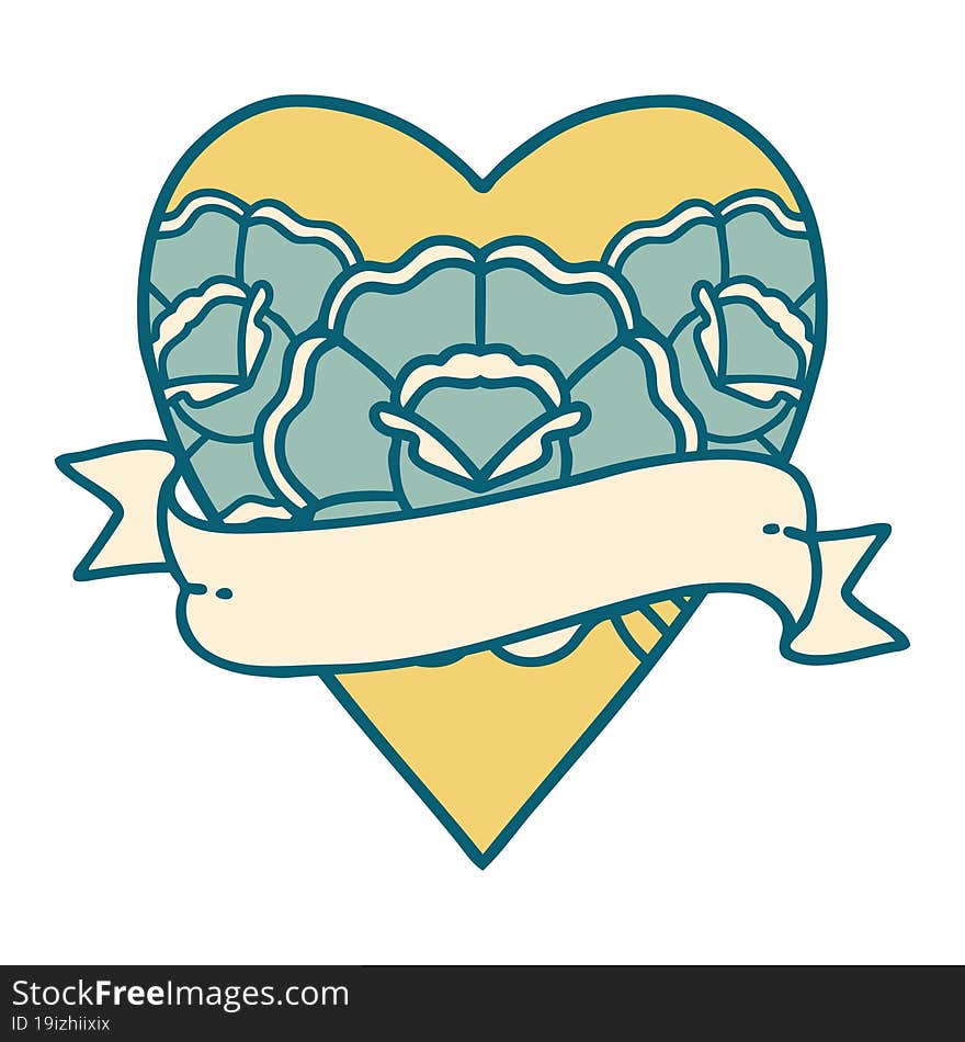 Tattoo Style Icon Of A Heart And Banner With Flowers