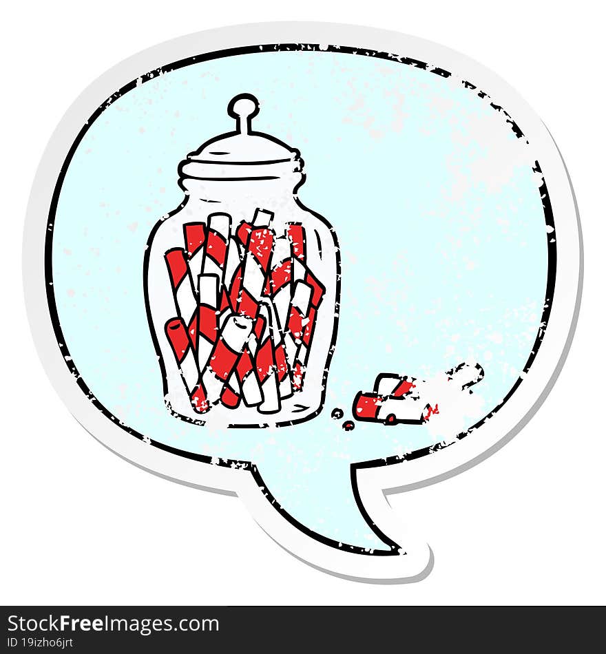 cartoon traditional candy sticks in jar and speech bubble distressed sticker